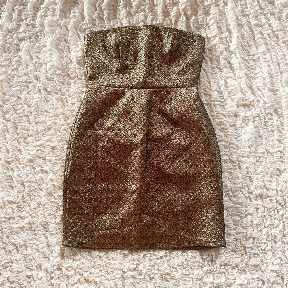 NWT Eight Sixty Black Gold Brocade Strapless Mini Dress Large Cocktail Party - Picture 2 of 9